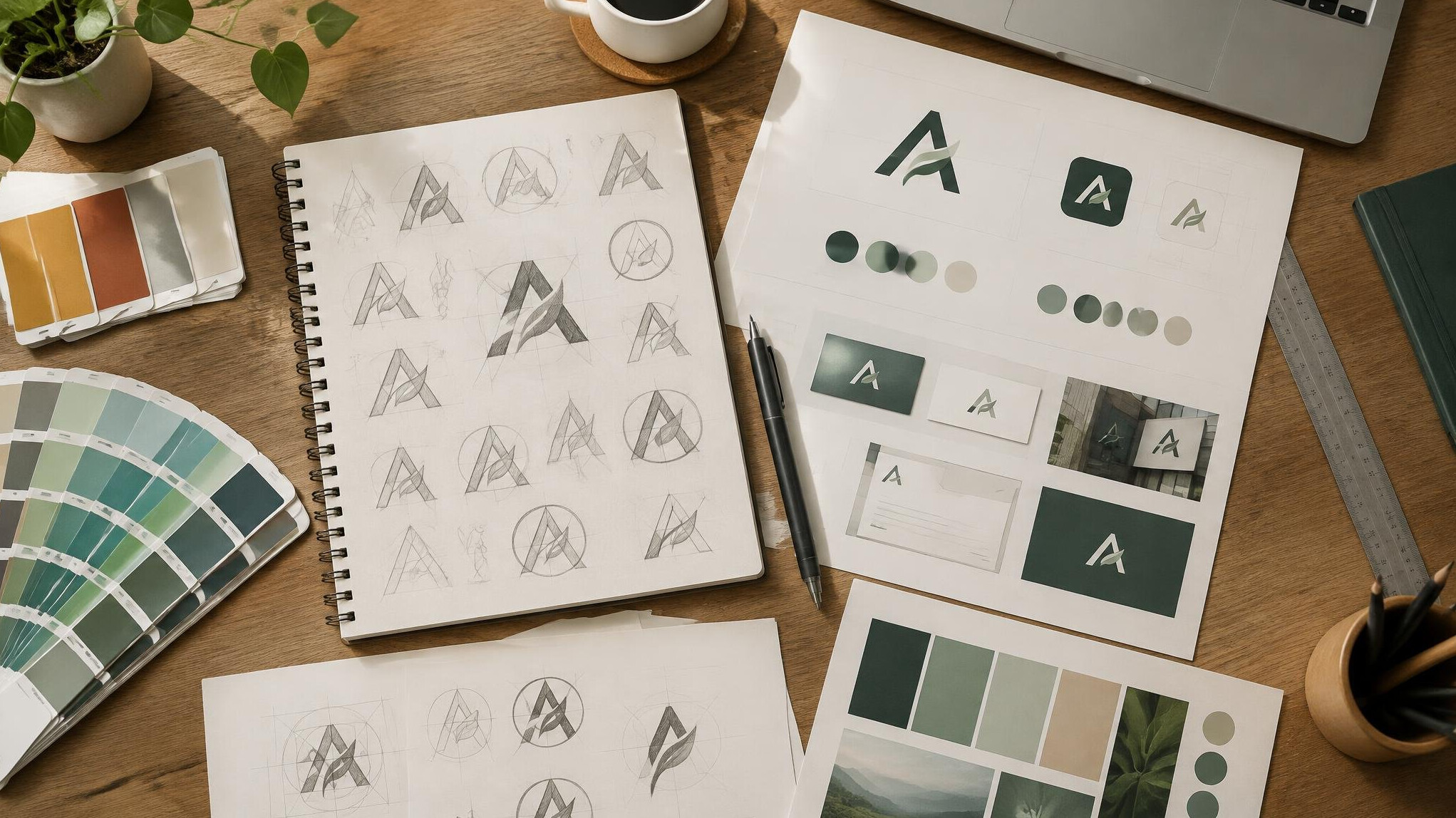 Grafikdesign-Studio mit Logo-Skizzen und Farbmustern auf dem Schreibtisch