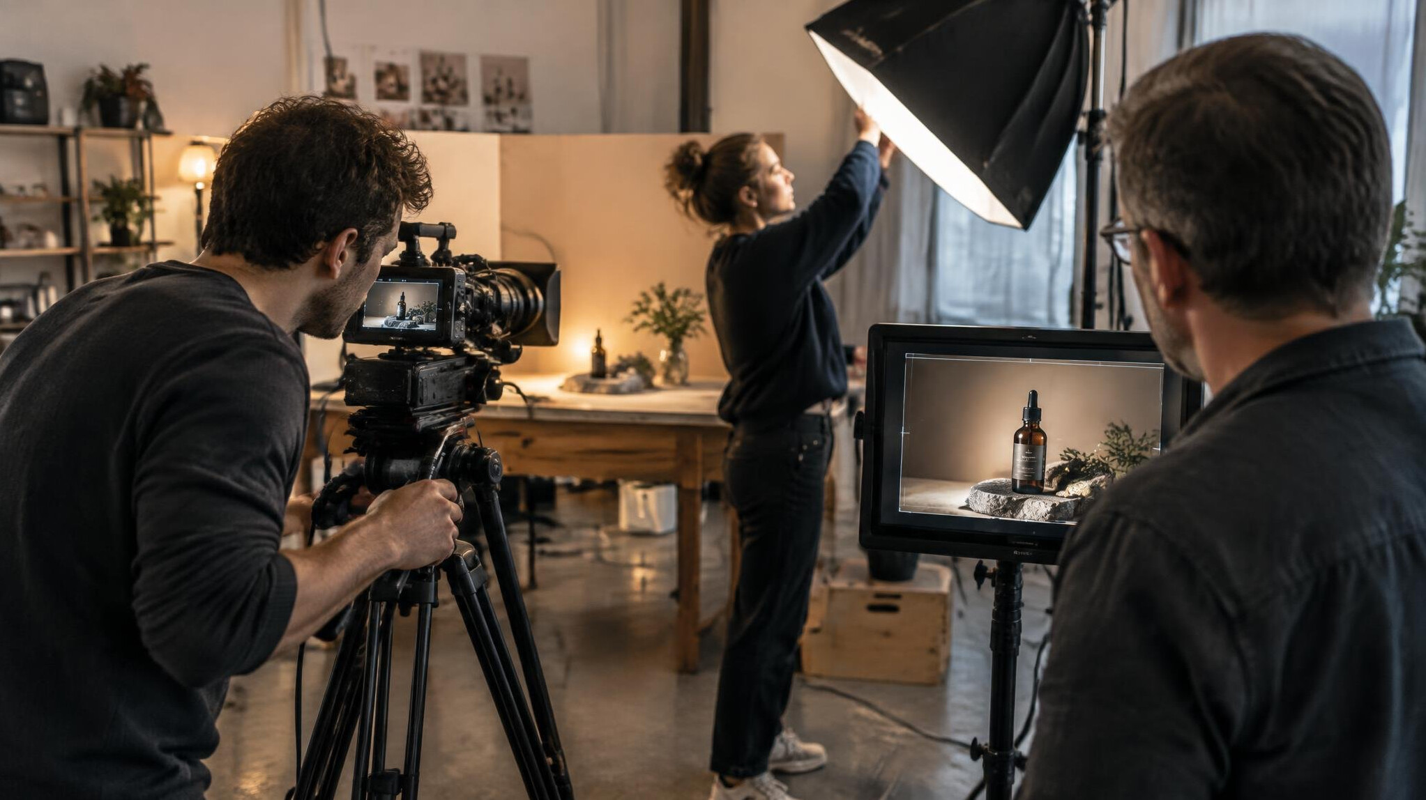 Filmteam bei der Produktion eines Werbespots mit Kamera und Scheinwerfern